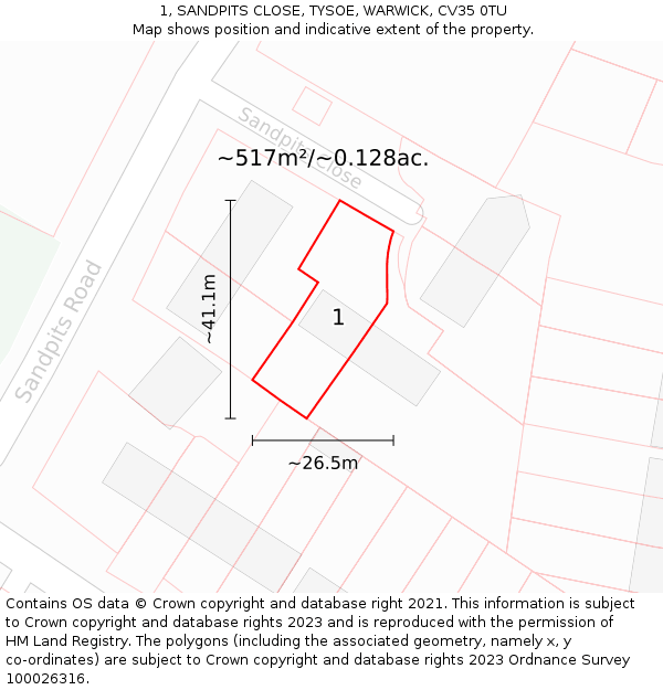 1, SANDPITS CLOSE, TYSOE, WARWICK, CV35 0TU: Plot and title map
