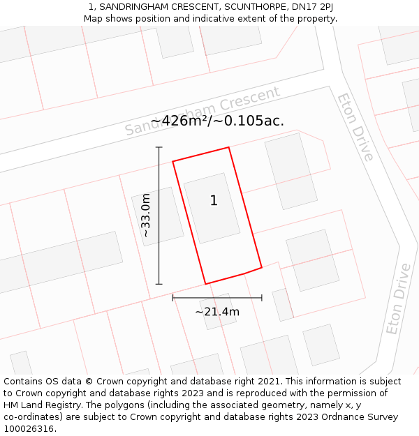 1, SANDRINGHAM CRESCENT, SCUNTHORPE, DN17 2PJ: Plot and title map