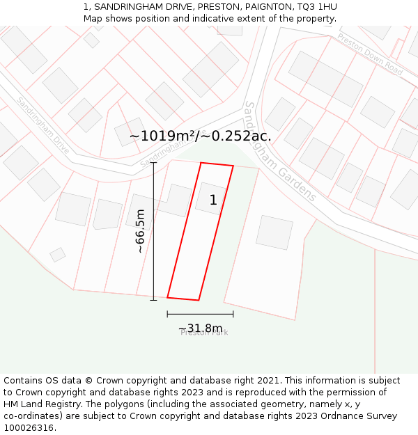 1, SANDRINGHAM DRIVE, PRESTON, PAIGNTON, TQ3 1HU: Plot and title map