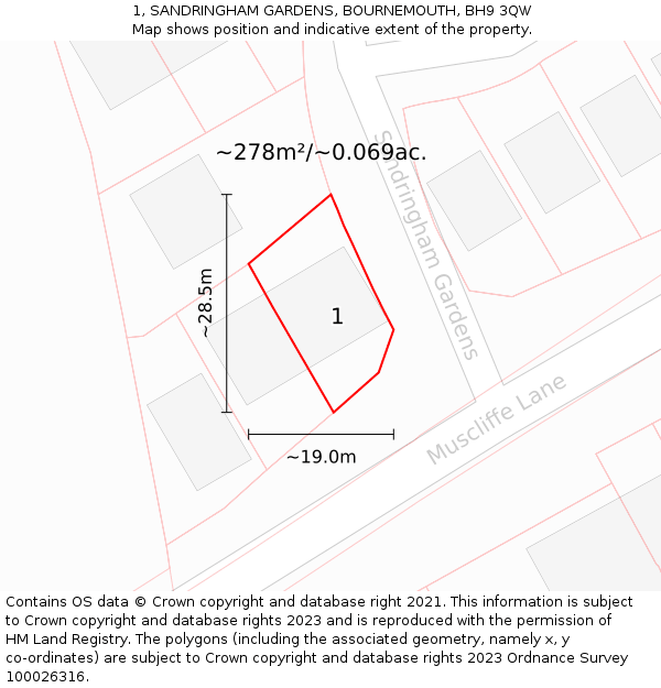 1, SANDRINGHAM GARDENS, BOURNEMOUTH, BH9 3QW: Plot and title map