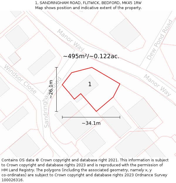 1, SANDRINGHAM ROAD, FLITWICK, BEDFORD, MK45 1RW: Plot and title map
