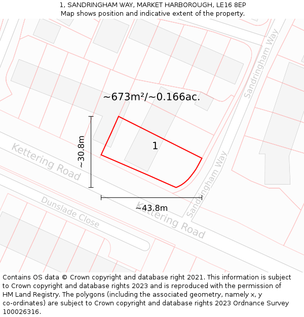 1, SANDRINGHAM WAY, MARKET HARBOROUGH, LE16 8EP: Plot and title map