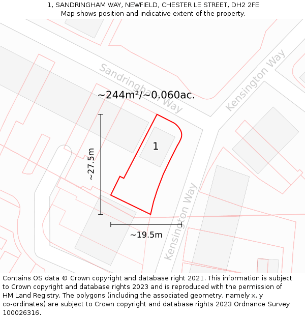 1, SANDRINGHAM WAY, NEWFIELD, CHESTER LE STREET, DH2 2FE: Plot and title map