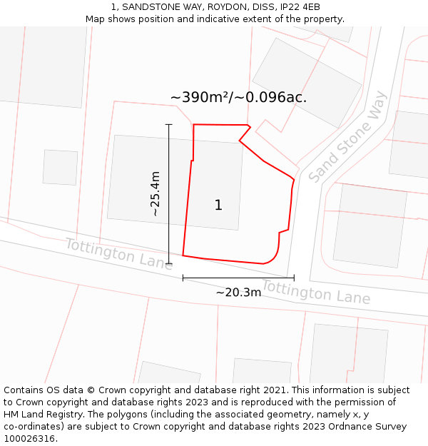 1, SANDSTONE WAY, ROYDON, DISS, IP22 4EB: Plot and title map