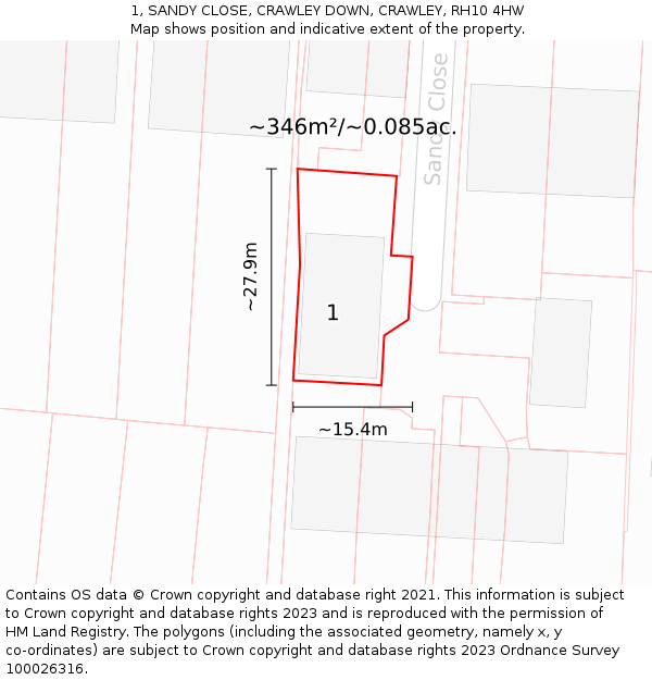 1, SANDY CLOSE, CRAWLEY DOWN, CRAWLEY, RH10 4HW: Plot and title map
