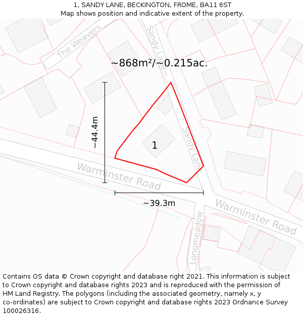 1, SANDY LANE, BECKINGTON, FROME, BA11 6ST: Plot and title map