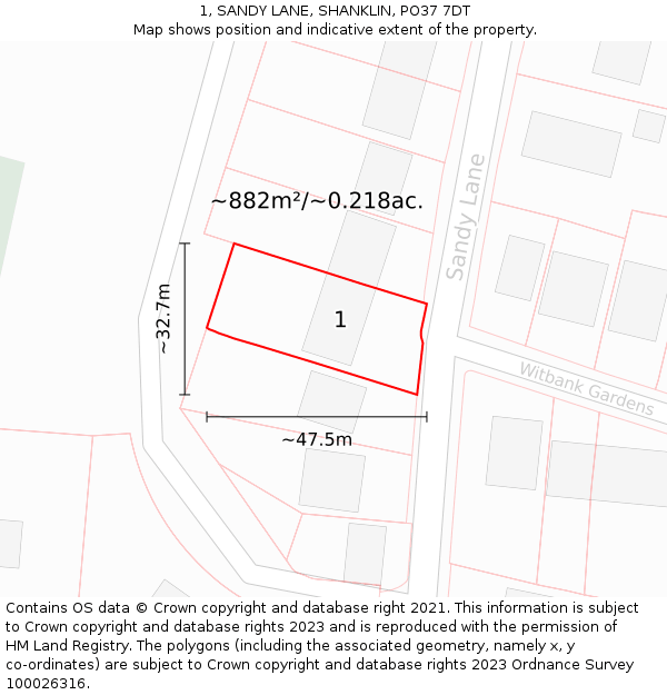 1, SANDY LANE, SHANKLIN, PO37 7DT: Plot and title map