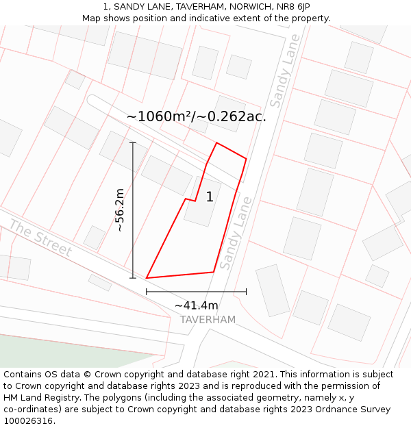 1, SANDY LANE, TAVERHAM, NORWICH, NR8 6JP: Plot and title map