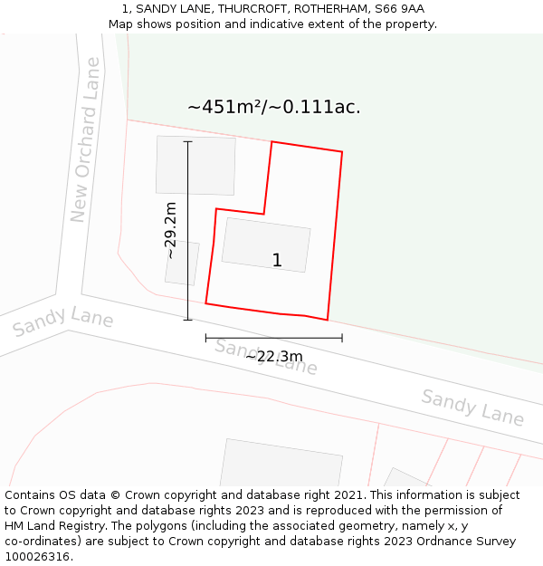 1, SANDY LANE, THURCROFT, ROTHERHAM, S66 9AA: Plot and title map