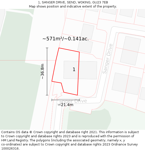 1, SANGER DRIVE, SEND, WOKING, GU23 7EB: Plot and title map