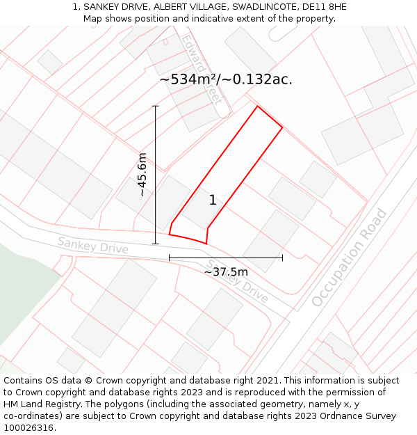 1, SANKEY DRIVE, ALBERT VILLAGE, SWADLINCOTE, DE11 8HE: Plot and title map