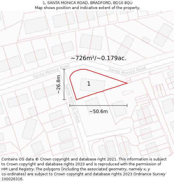 1, SANTA MONICA ROAD, BRADFORD, BD10 8QU: Plot and title map