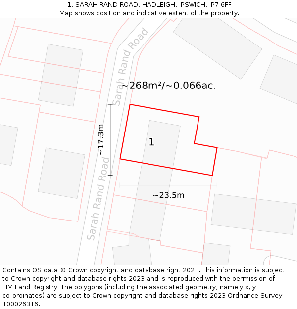 1, SARAH RAND ROAD, HADLEIGH, IPSWICH, IP7 6FF: Plot and title map