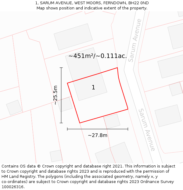 1, SARUM AVENUE, WEST MOORS, FERNDOWN, BH22 0ND: Plot and title map