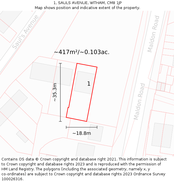 1, SAULS AVENUE, WITHAM, CM8 1JP: Plot and title map