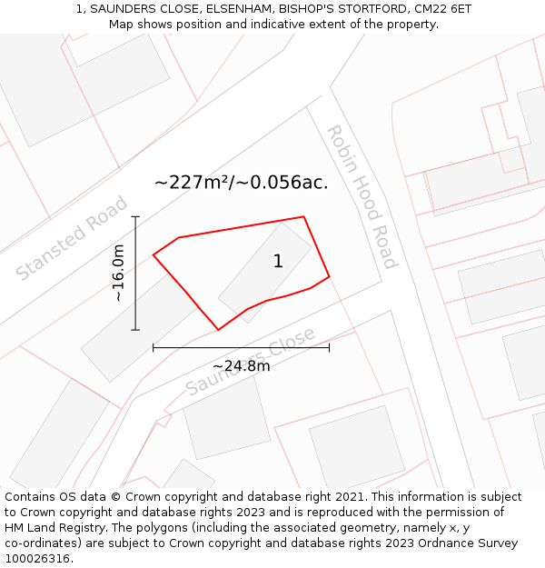 1, SAUNDERS CLOSE, ELSENHAM, BISHOP'S STORTFORD, CM22 6ET: Plot and title map