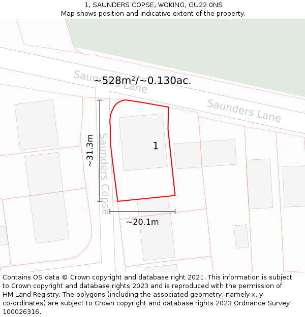 1, SAUNDERS COPSE, WOKING, GU22 0NS: Plot and title map