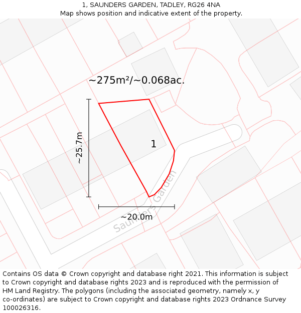 1, SAUNDERS GARDEN, TADLEY, RG26 4NA: Plot and title map