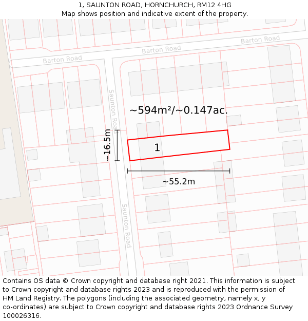 1, SAUNTON ROAD, HORNCHURCH, RM12 4HG: Plot and title map