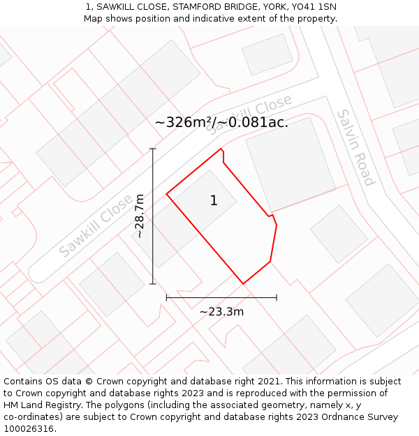 1, SAWKILL CLOSE, STAMFORD BRIDGE, YORK, YO41 1SN: Plot and title map