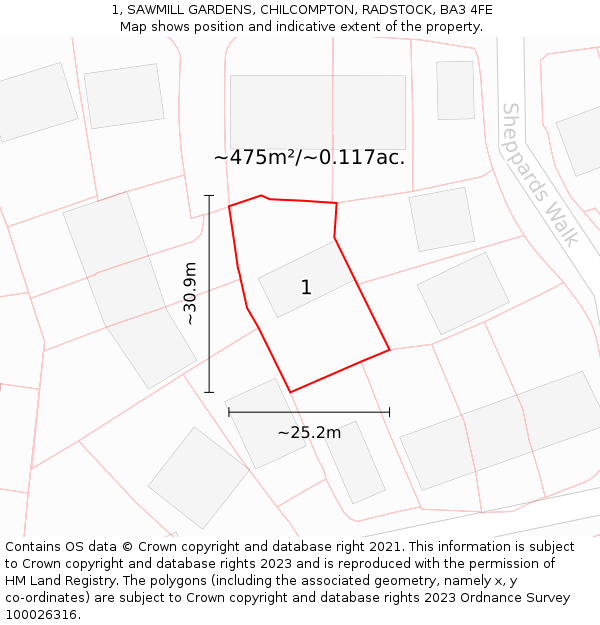 1, SAWMILL GARDENS, CHILCOMPTON, RADSTOCK, BA3 4FE: Plot and title map