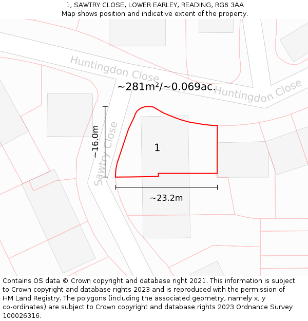 1, SAWTRY CLOSE, LOWER EARLEY, READING, RG6 3AA: Plot and title map