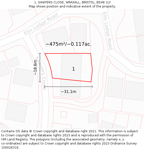 1, SAWYERS CLOSE, WRAXALL, BRISTOL, BS48 1LY: Plot and title map
