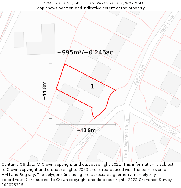 1, SAXON CLOSE, APPLETON, WARRINGTON, WA4 5SD: Plot and title map