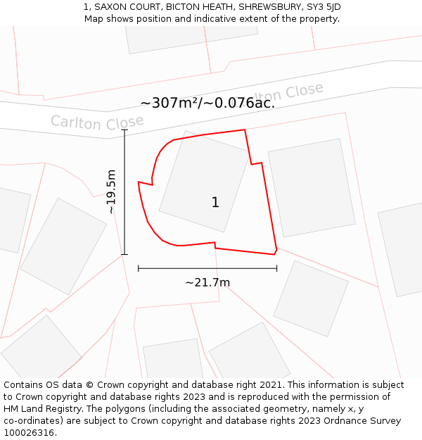 1, SAXON COURT, BICTON HEATH, SHREWSBURY, SY3 5JD: Plot and title map
