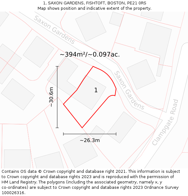 1, SAXON GARDENS, FISHTOFT, BOSTON, PE21 0RS: Plot and title map