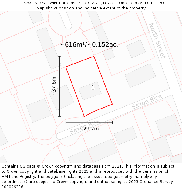 1, SAXON RISE, WINTERBORNE STICKLAND, BLANDFORD FORUM, DT11 0PQ: Plot and title map