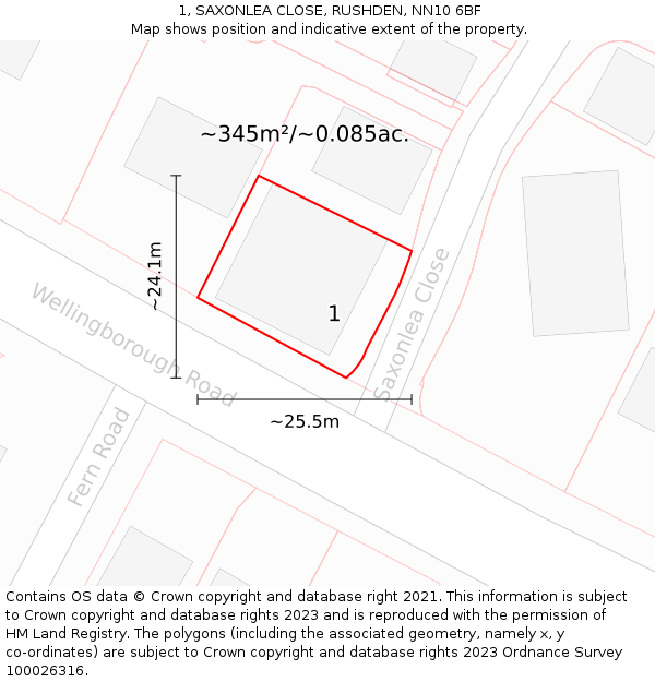 1, SAXONLEA CLOSE, RUSHDEN, NN10 6BF: Plot and title map