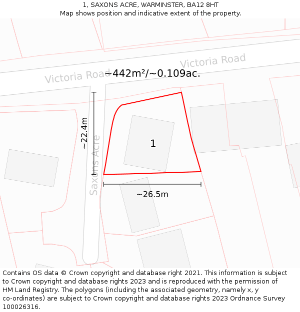 1, SAXONS ACRE, WARMINSTER, BA12 8HT: Plot and title map