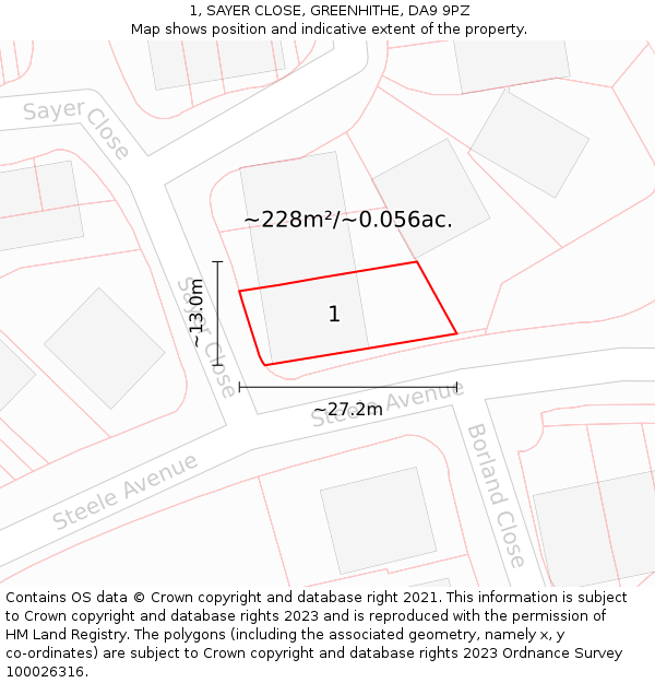1, SAYER CLOSE, GREENHITHE, DA9 9PZ: Plot and title map
