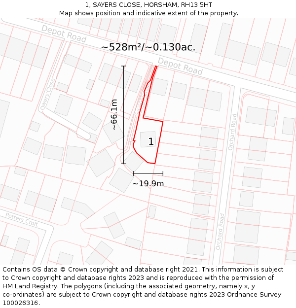1, SAYERS CLOSE, HORSHAM, RH13 5HT: Plot and title map