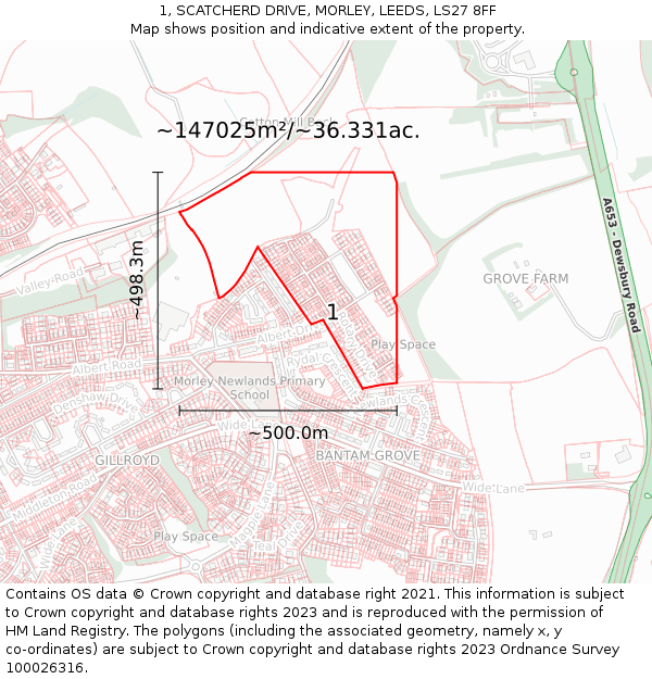 1, SCATCHERD DRIVE, MORLEY, LEEDS, LS27 8FF: Plot and title map