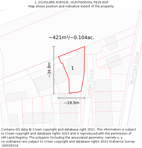 1, SCHOLARS AVENUE, HUNTINGDON, PE29 6GP: Plot and title map