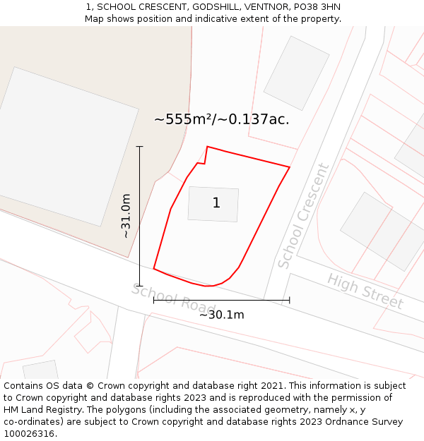 1, SCHOOL CRESCENT, GODSHILL, VENTNOR, PO38 3HN: Plot and title map