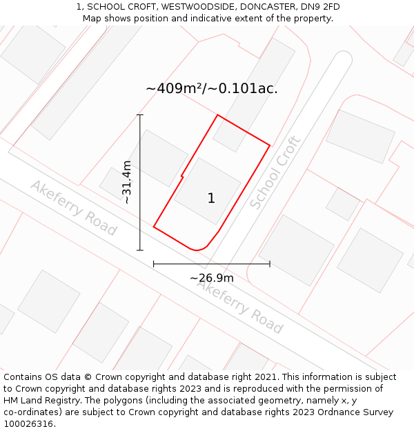 1, SCHOOL CROFT, WESTWOODSIDE, DONCASTER, DN9 2FD: Plot and title map