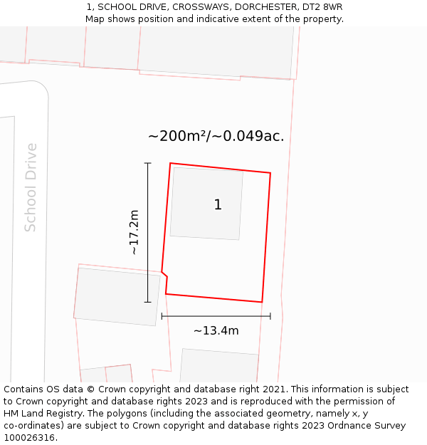 1, SCHOOL DRIVE, CROSSWAYS, DORCHESTER, DT2 8WR: Plot and title map