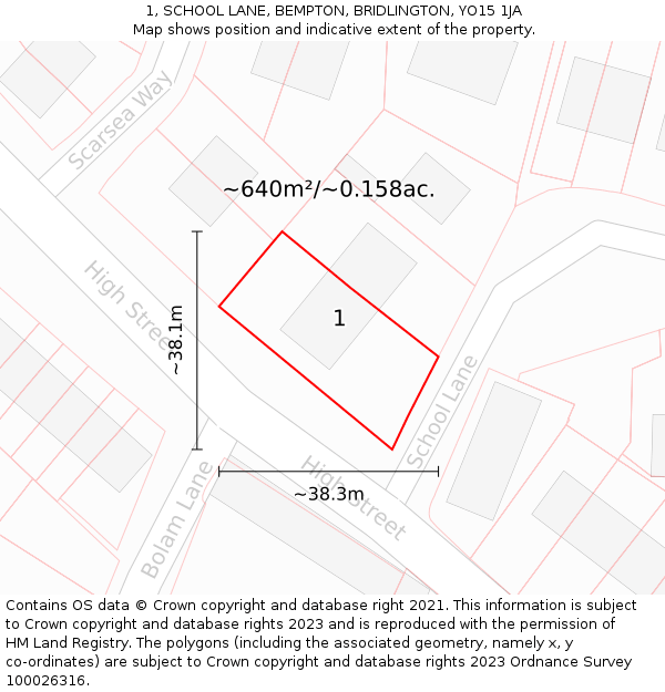 1, SCHOOL LANE, BEMPTON, BRIDLINGTON, YO15 1JA: Plot and title map