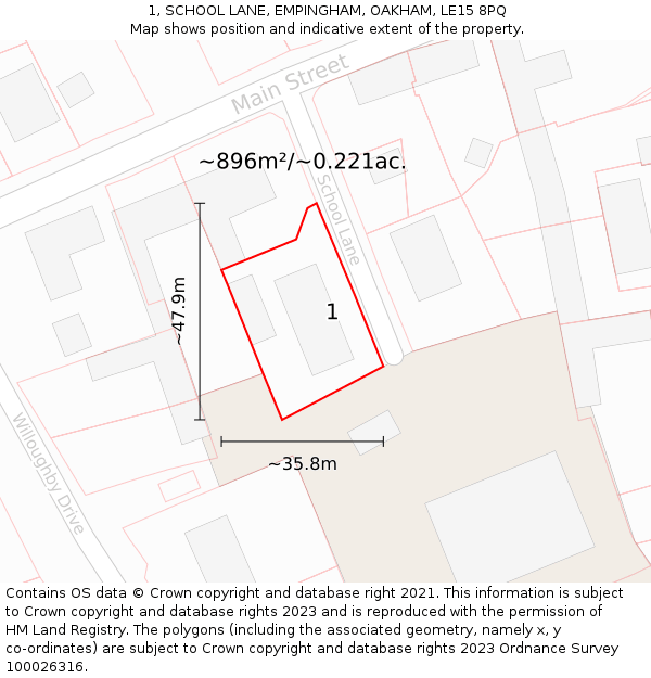 1, SCHOOL LANE, EMPINGHAM, OAKHAM, LE15 8PQ: Plot and title map