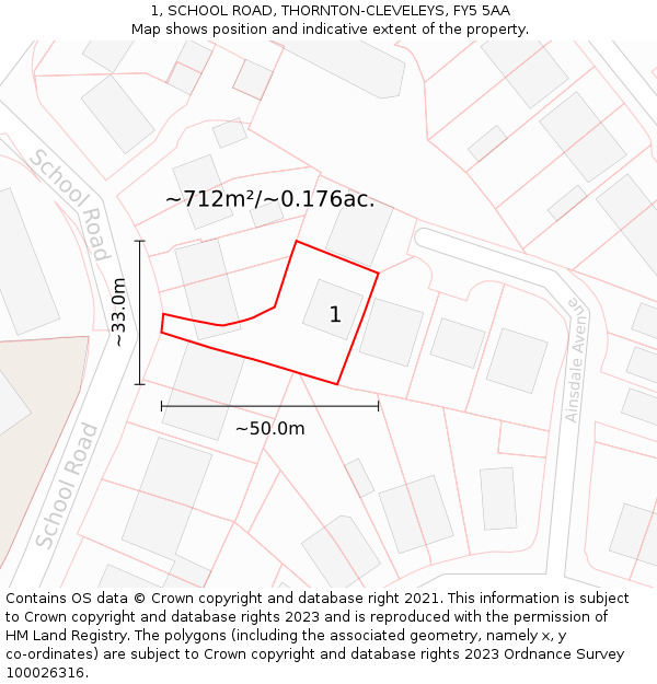 1, SCHOOL ROAD, THORNTON-CLEVELEYS, FY5 5AA: Plot and title map