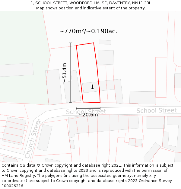 1, SCHOOL STREET, WOODFORD HALSE, DAVENTRY, NN11 3RL: Plot and title map