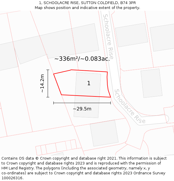 1, SCHOOLACRE RISE, SUTTON COLDFIELD, B74 3PR: Plot and title map