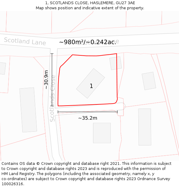 1, SCOTLANDS CLOSE, HASLEMERE, GU27 3AE: Plot and title map