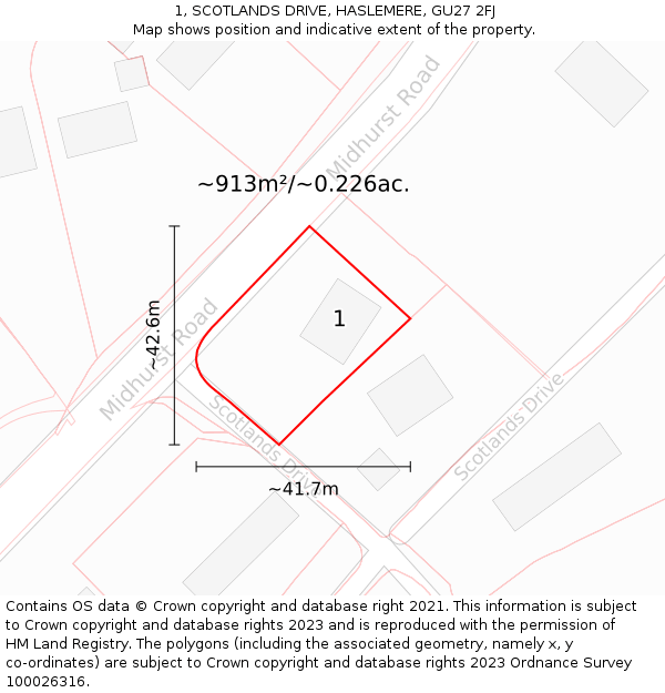 1, SCOTLANDS DRIVE, HASLEMERE, GU27 2FJ: Plot and title map