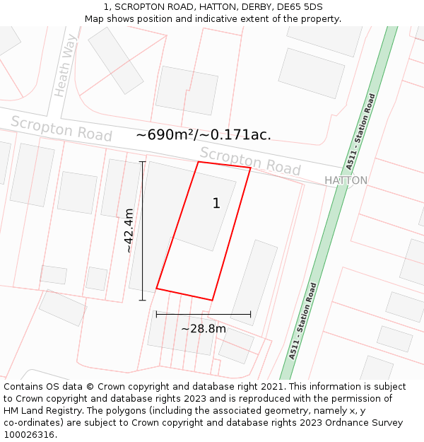 1, SCROPTON ROAD, HATTON, DERBY, DE65 5DS: Plot and title map