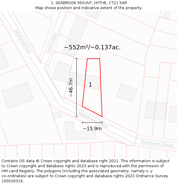 1, SEABROOK MOUNT, HYTHE, CT21 5AR: Plot and title map
