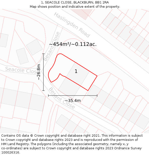 1, SEACOLE CLOSE, BLACKBURN, BB1 2RA: Plot and title map